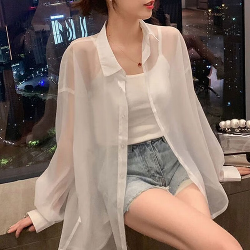 乔骏晟白色雪纺衣女夏透明衬衫外穿长袖设计感小众薄百搭衬衣外套潮