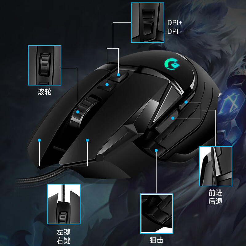 GANOG502电竞游戏鼠标有线无线网吧外设RGB有声压枪宏吃鸡LOL绝地求生CF笔记本台式机械静音人体工学 G502海王版磨砂黑蓝【有线宏驱动7200DPI】