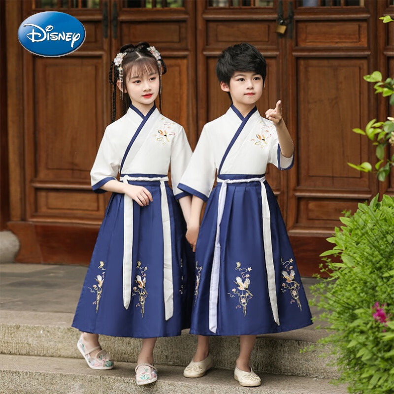 迪士尼（Disney）夏季汉服男款儿童表演服唐诗朗诵舞台表演服国学服幼儿园女童古装 短袖云飞鹤藏青 130cm属于什么档次？