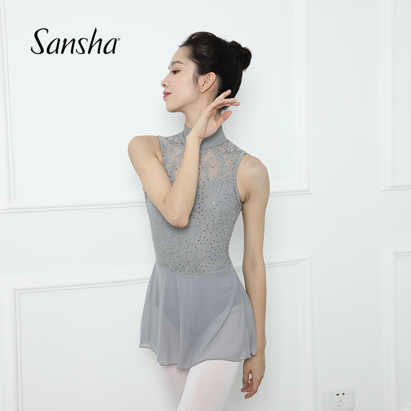 三沙（sansha）高领舞蹈练功服女露背芭蕾舞体操形体演出连体服显气质 浅灰色 XL