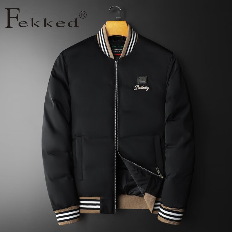 Fekked香港潮牌2023新款冬季男士白鸭绒棒球领羽绒服大码休闲保暖外套潮 黑色 M