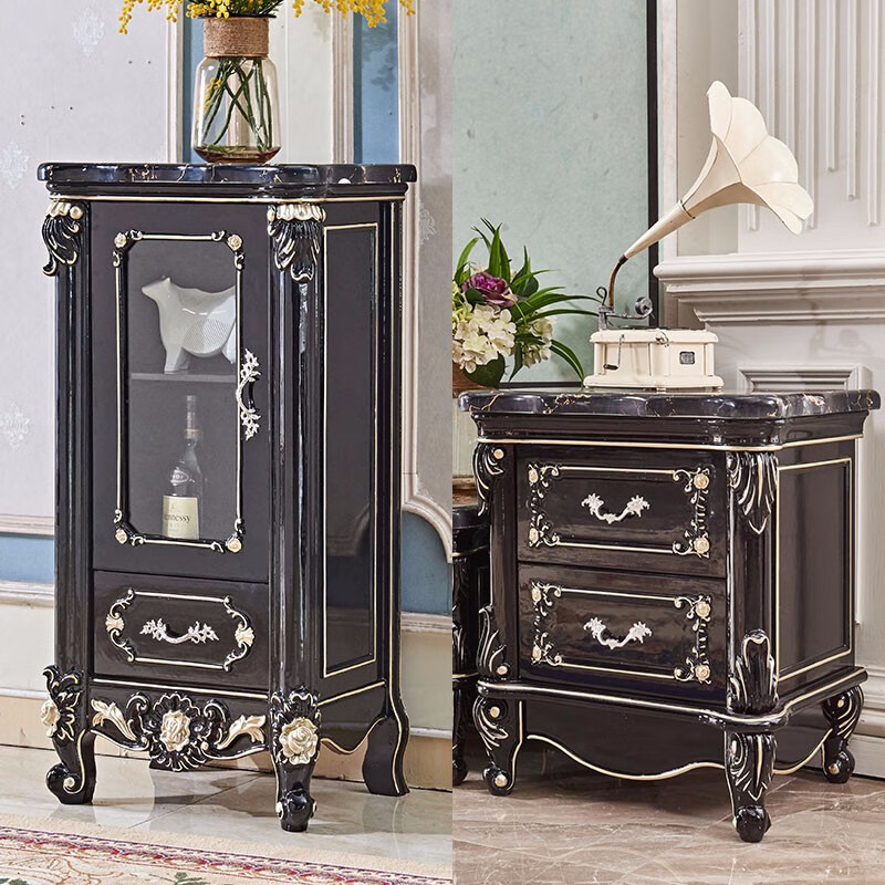艾米河黑金花大理石小酒柜边柜别墅家具欧式储物柜黑色高矮柜玻璃酒柜
