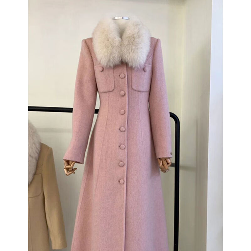 猫庄高级灰羊绒大衣富家千金赫本风毛领正肩高级感小香风高端粉色毛呢