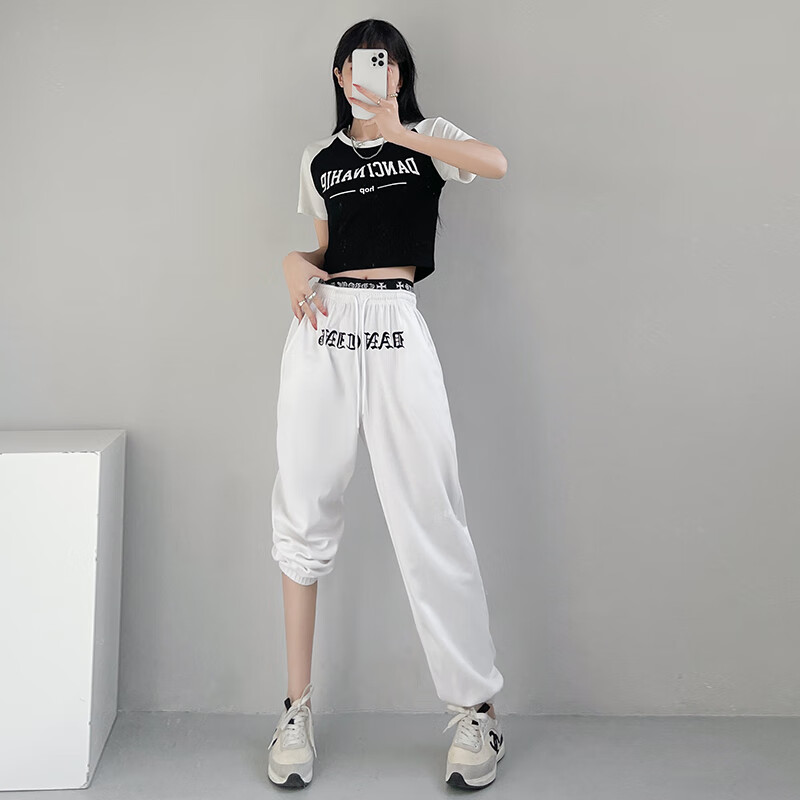 衣服服装女套装高腰舞jazz短款上衣舞蹈裤嘻哈街 543黑衣 0609白裤 s