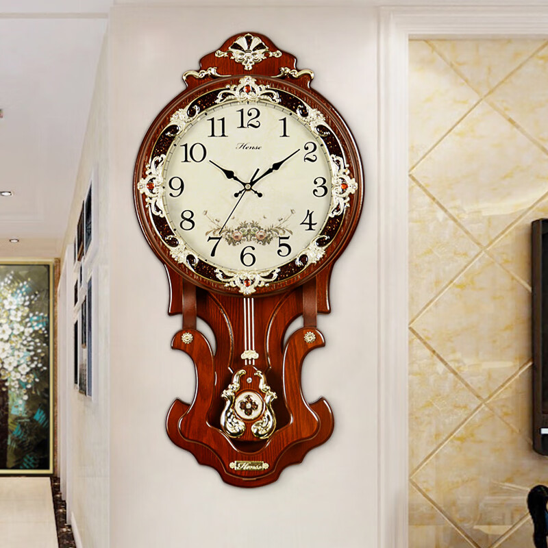 汉时（Hense）欧式客厅挂钟轻奢创意时钟摆钟挂表时尚石英钟表62cmHP07棕色中号