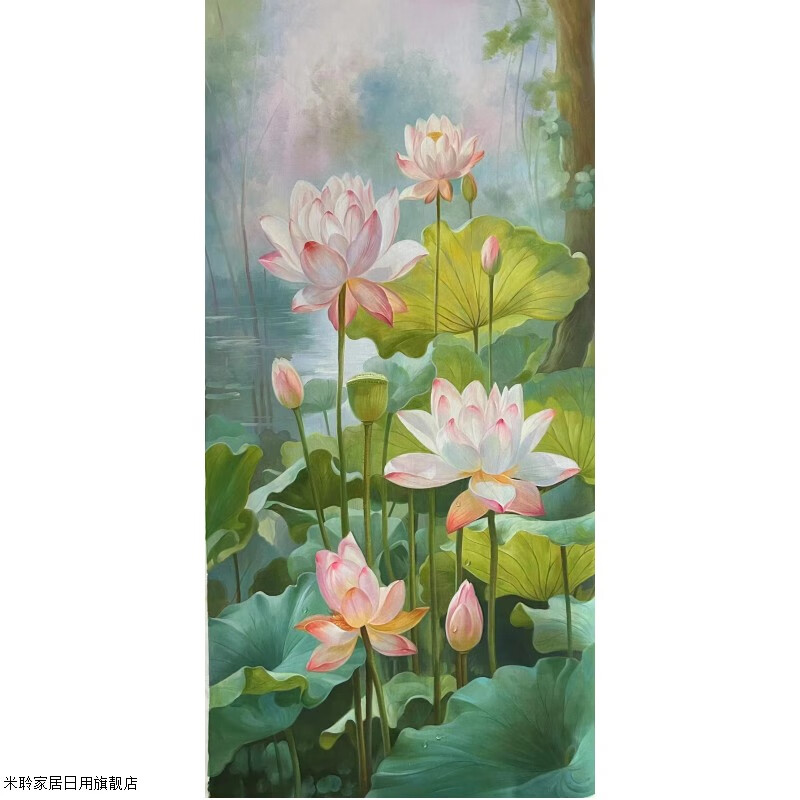 米聆荷塘月色纯手绘油画荷花客厅装饰画新中式好运莲莲玄关正对门挂画