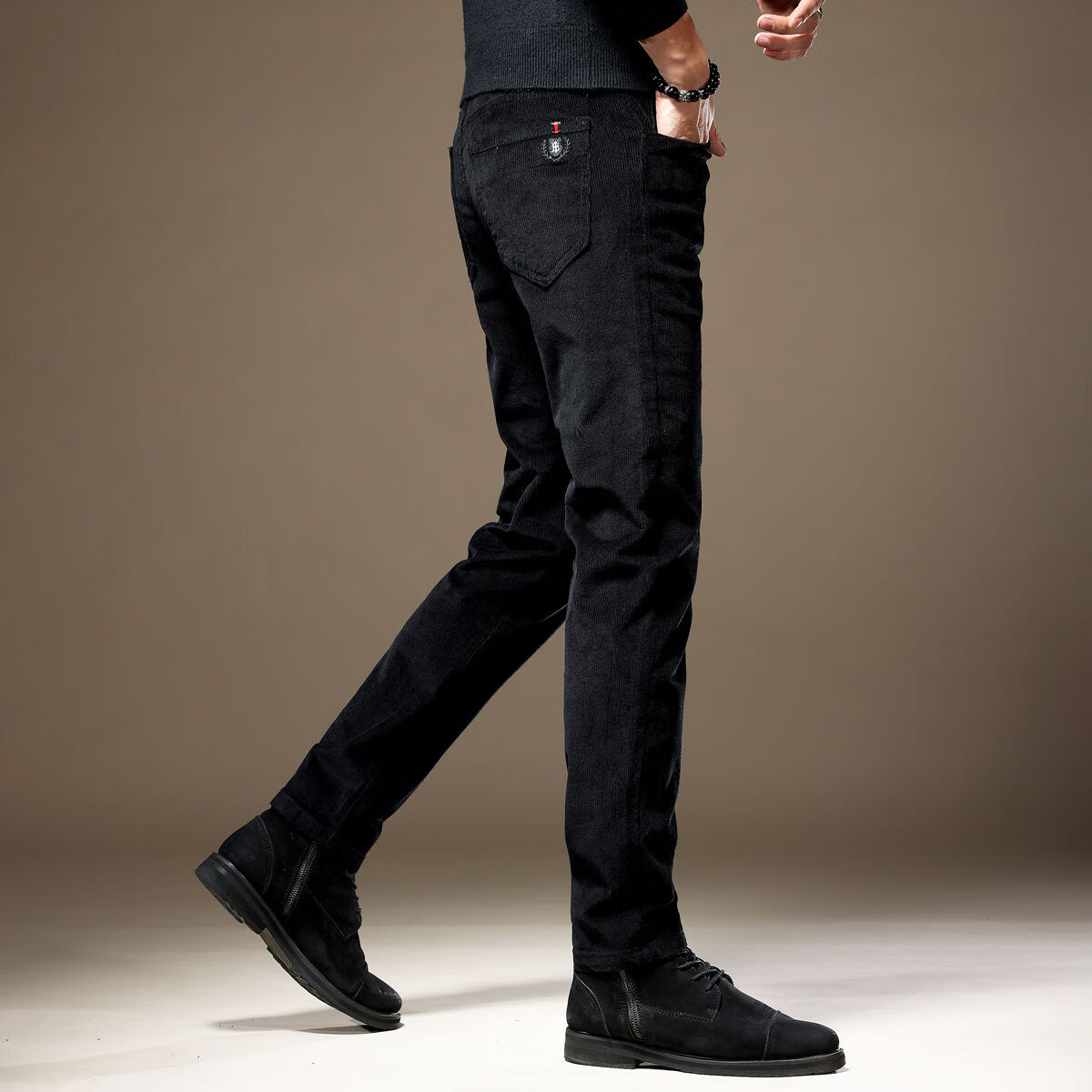 rat)高端黑色灯芯绒裤子男春秋季灯草绒潮流修身小脚条绒男士休闲长裤