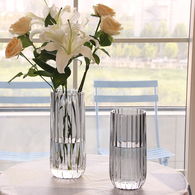 北欧玻璃花瓶透明 竖纹 创意客厅插花玫瑰百合花家用装饰摆件 北欧