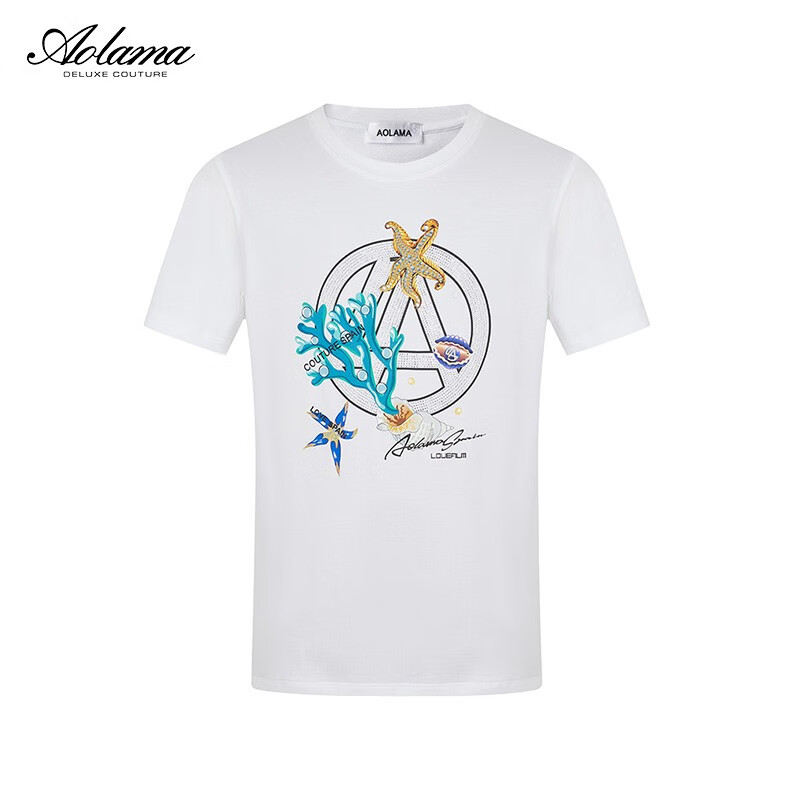 奥拉玛（Aolama）男装纯棉短袖夏烫钻图案男士个性休闲百搭圆领T恤男 白色 52 (180/100A)