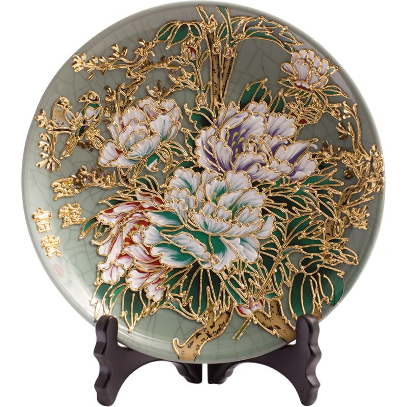 鹭艺轩 漆线雕玉堂富贵纹片装饰盘客厅摆件家居装饰品陶瓷工艺品摆件