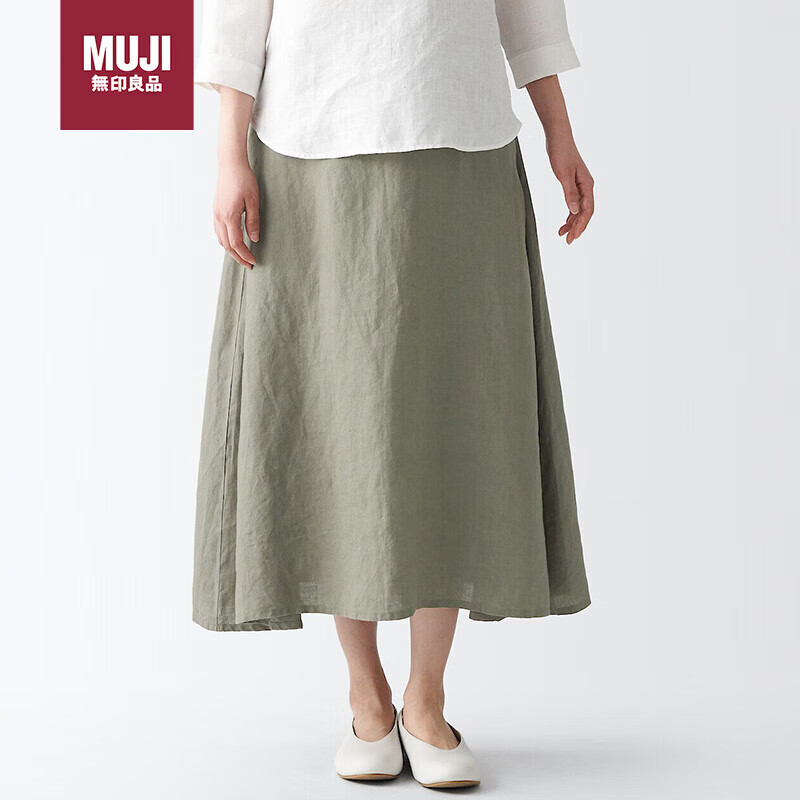 无印良品（MUJI）女式 麻 宽摆裙 半身裙 BEK49C3S 淡绿色 XL 