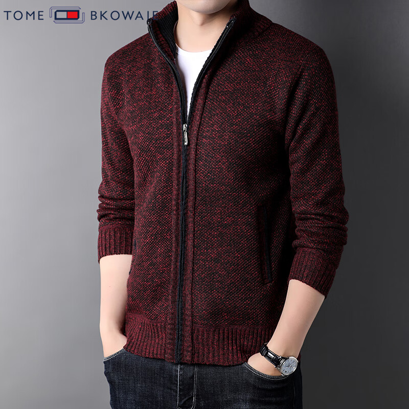 汤米芙兰可加绒加厚针织外套男2025年秋冬新款商务休闲保暖宽松毛衣开衫 红色加绒 4XL （建议180-195斤）