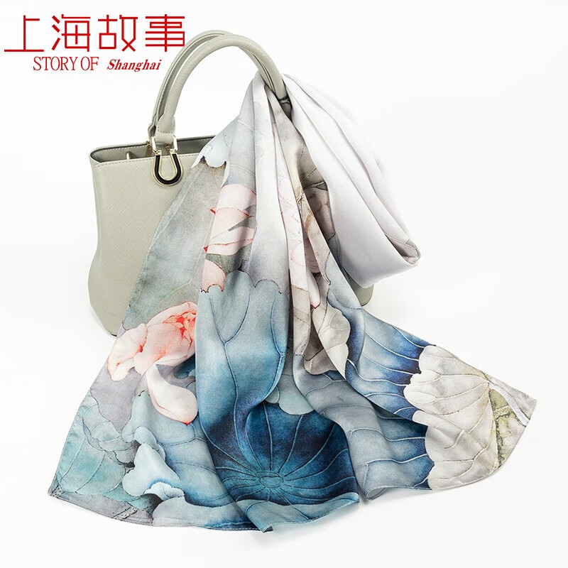 上海故事真丝丝巾女士100%桑蚕丝围巾中国风春秋外搭披肩送妈妈生日礼物 悠攸玉莲