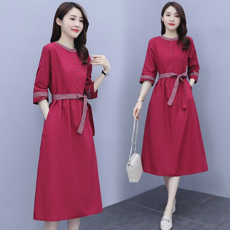 【特价捡漏】素订棉麻女装官方素素 中袖亚麻裙子夏季新款收腰显瘦中