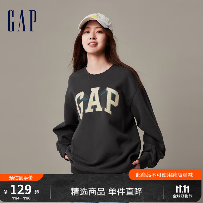 Gap男女装冬季2023新款LOGO碳素软磨抓绒卫衣841334宽松运动上衣 黑灰色 185/108A(XXXL)亚洲尺码属于什么档次？