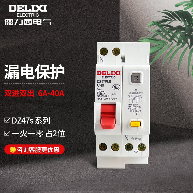德力西电气漏电保护器空开带漏电保护开关断路器63a小型家用总开2p