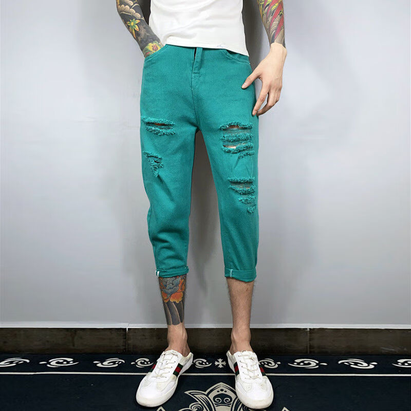 小伙个性牛仔裤男膝盖破洞精神社会小伙裤子春夏男士潮牌束脚 308青色