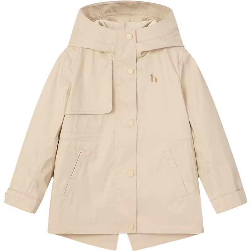 哈吉斯（HAZZYS）品牌童裝女童薄風(fēng)衣春新品中連帽保暖防風(fēng)簡約薄風(fēng)衣 杏仁卡其 145