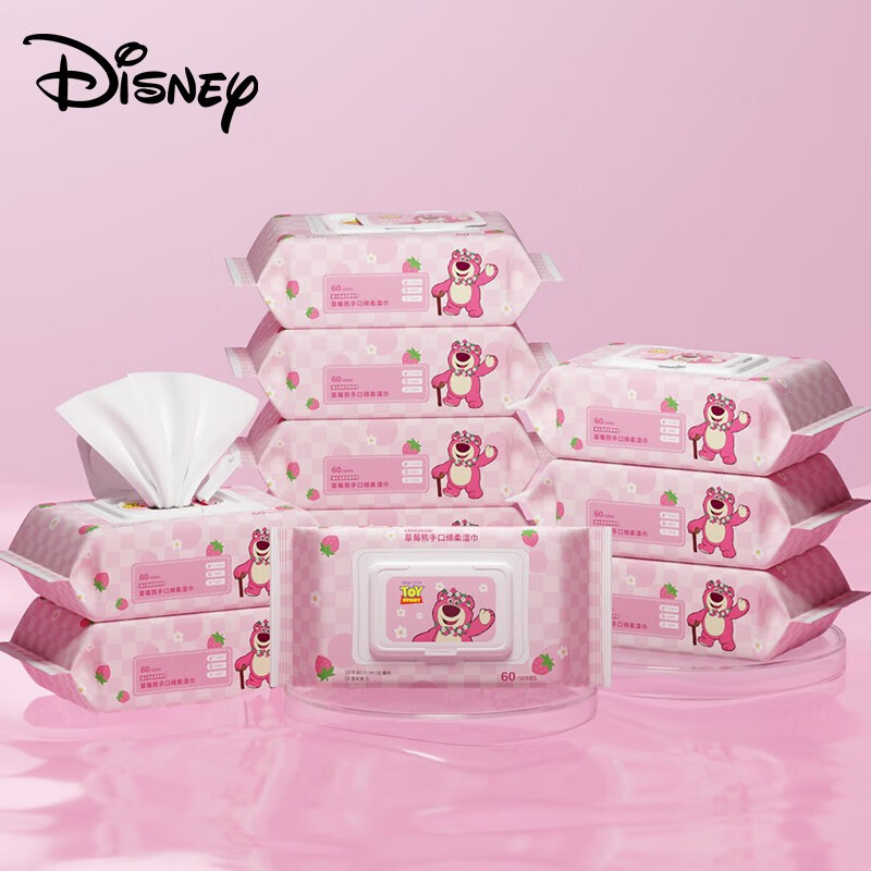迪士尼（Disney）棉柔系列巾一次性亲肤温和婴儿擦脸抽取式湿纸巾成人 【手口湿巾】60抽*5包（草莓熊）