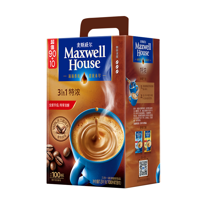 麦斯威尔（Maxwell House） 咖啡 三合一特浓味速溶咖啡粉1300g（新老包装随机发） 30条散装（特价 无赠品） 28.41元