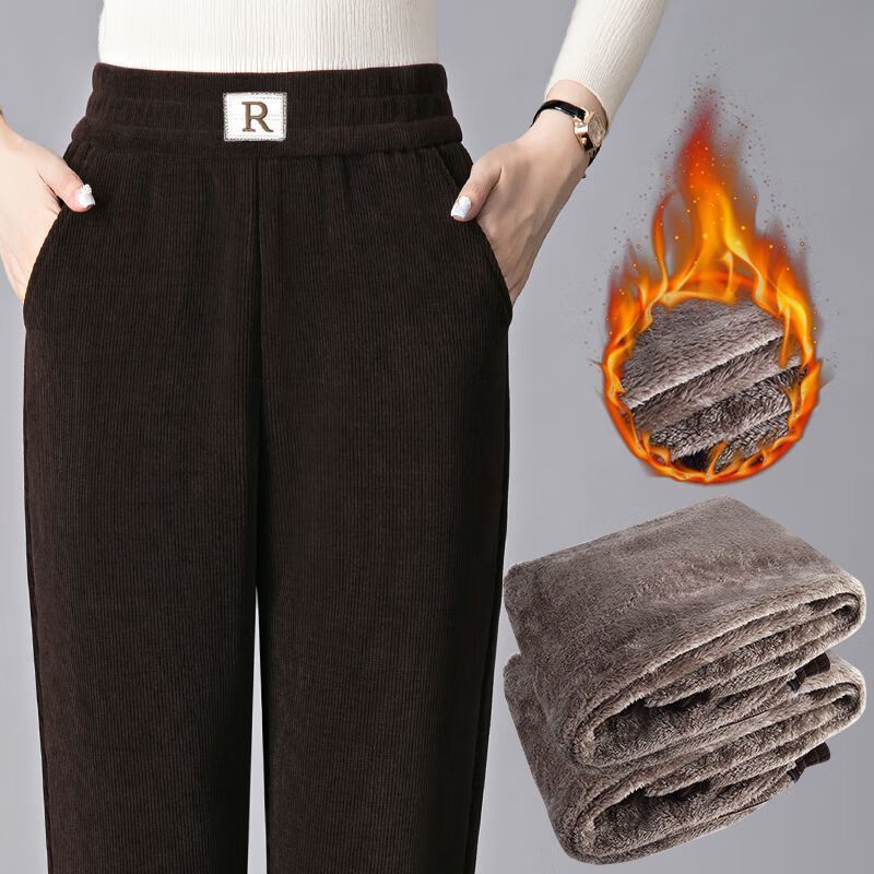 2025秋冬季大码灯芯绒裤女加绒加厚哈伦萝卜裤休闲直筒裤胖mm显瘦 加绒加厚-黑色 2XL 建议【95-110斤】