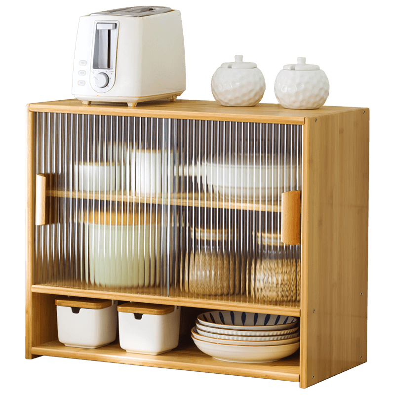 木马人厨房台面餐边柜轻奢柜子碗柜家用储物柜客厅酒柜办公室茶水柜靠墙边柜餐厅柜收纳柜玻璃带门置物柜 【长虹玻璃移门】原色-三层55长(层板可调)