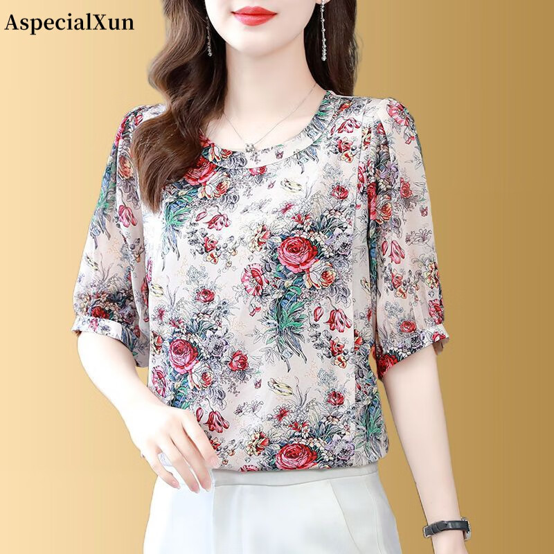 阿逊特（AspecialXun）女士夏装雪纺衫短袖冰丝上衣女薄款碎花套头遮肚子宽松减龄雪纺衫 花色 L 建议105-115斤怎么样,好用不?