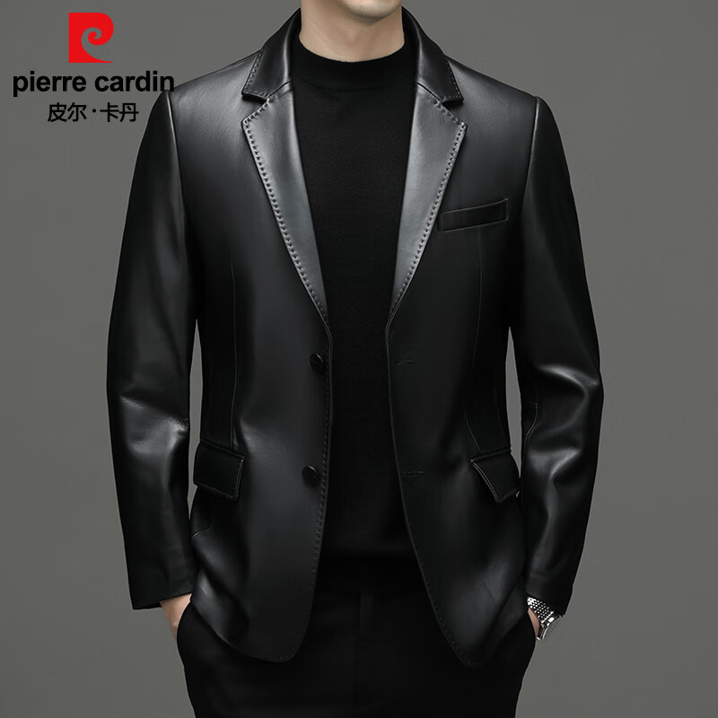 皮尔卡丹真皮皮衣男士真皮外套春秋季新款西装领皮夹克中青年爸爸秋冬装商务休闲高端绵羊皮皮衣 黑色 3XL