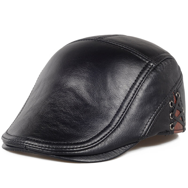 艾诗甜大老板皮帽帽子男士秋中老年牛皮贝雷帽中年爸爸前进帽老头真皮