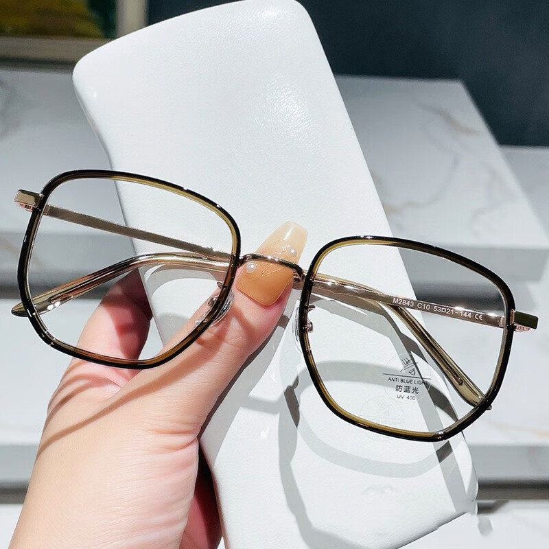 度数镜片圆脸显瘦防蓝光眼镜框 透灰框 单镜框【自带防蓝光0度镜片】