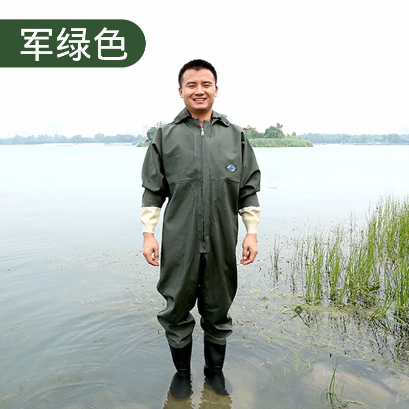 逐波（Zooboo）全身下水裤加厚捕鱼雨裤防水衣裤抓鱼连体雨衣下水服挖藕服水叉裤 军绿色全身裤85丝 袖口版 37