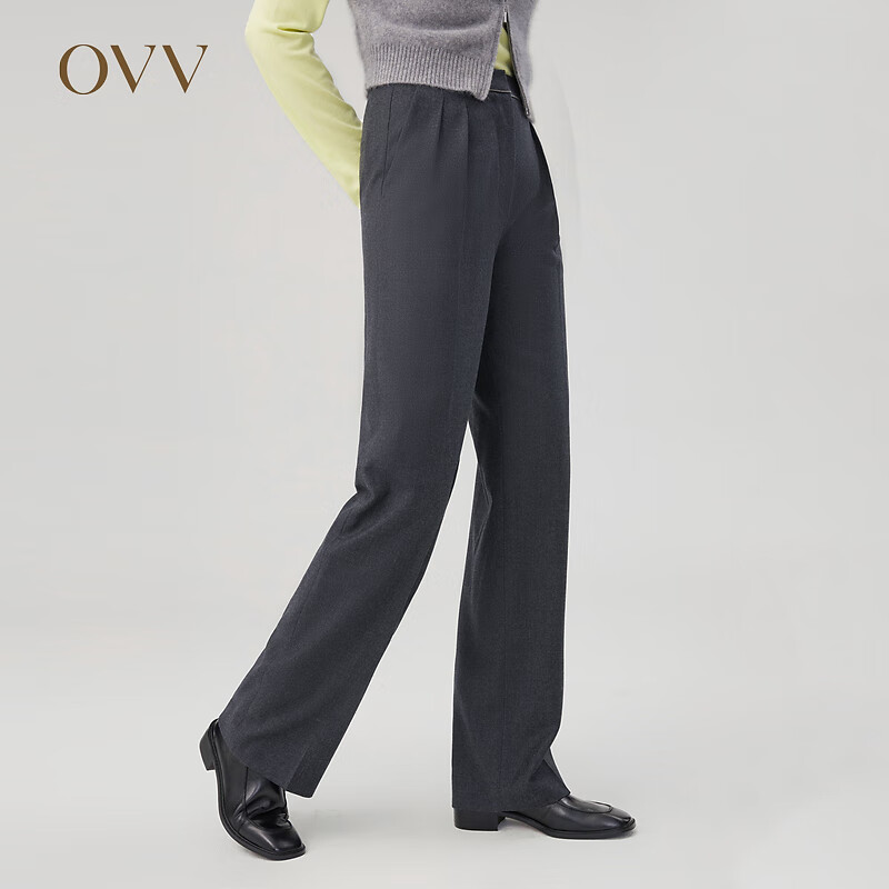 OVV秋冬热卖女装羊毛法兰绒褶饰简约通勤直筒休闲长裤 深灰(净色)C3 M
