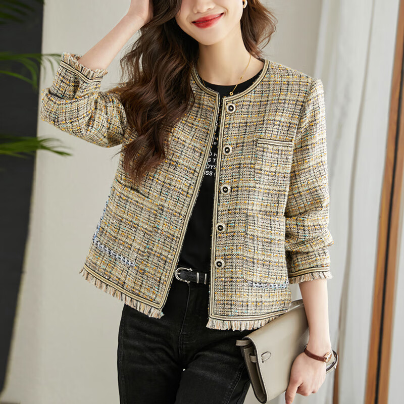 坠倾小香风短款外套女士气质名媛格子上衣秋季年新款春秋时尚女装 暗