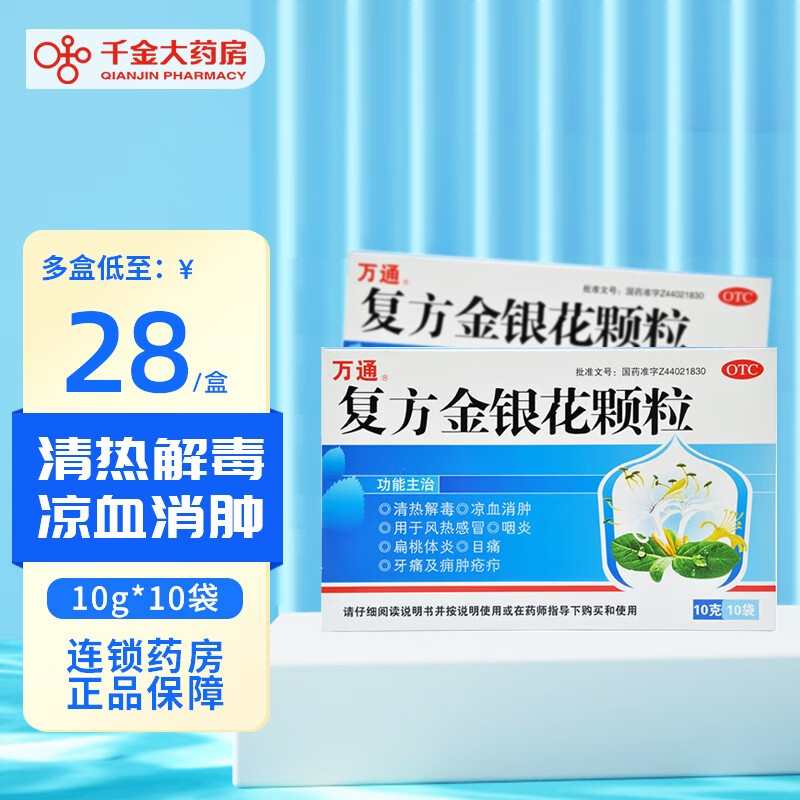 万通 复方金银花颗粒 10g*10袋清热解毒 风热感冒 咽喉肿痛 咽痛 1