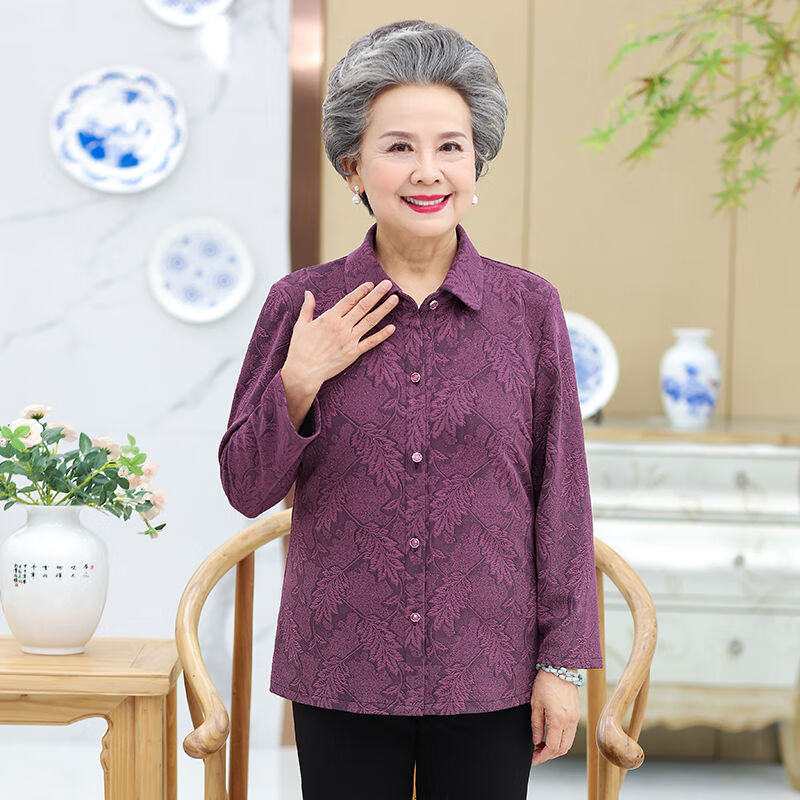 纤晟伊单件/套装中老年人女装秋装妈妈长袖厚衬衫60-70岁奶奶装外套女80 紫色【单件上衣】 XL 80-100斤