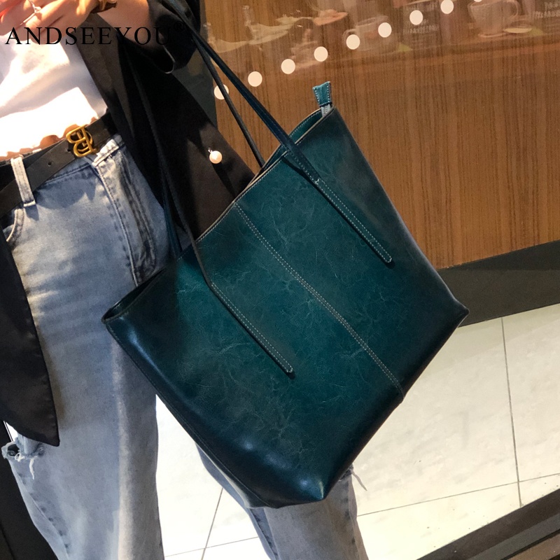 ANDSEEYOU大包包女包2025秋冬新款時(shí)尚真皮百搭手提包大容量單肩包女托特包 孔雀藍