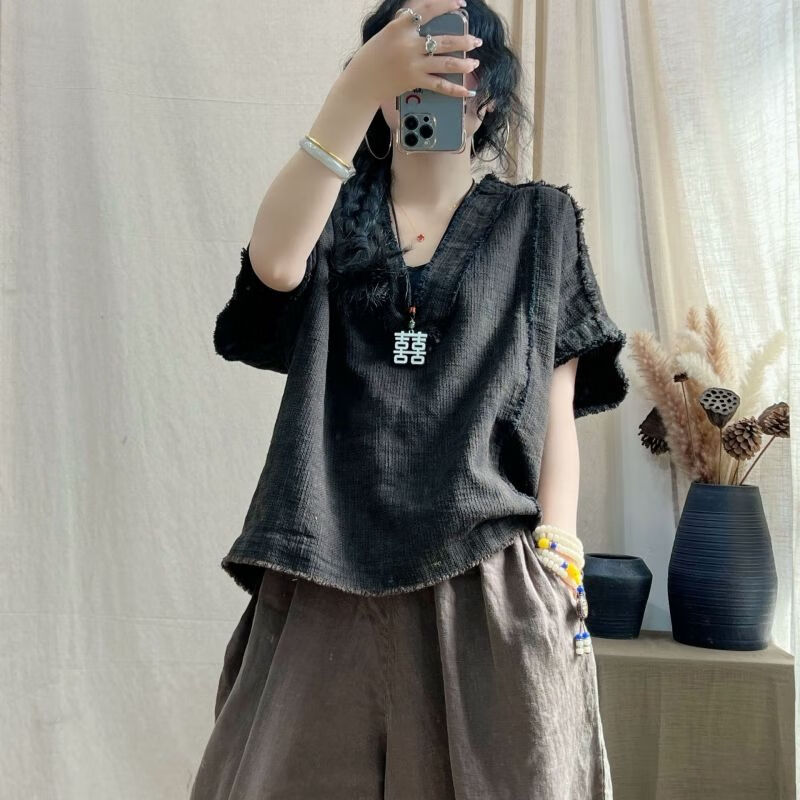 星垂晓雾女士时尚麻布衣服女装款麻料女装春季复古风粗布麻料中袖衬衫