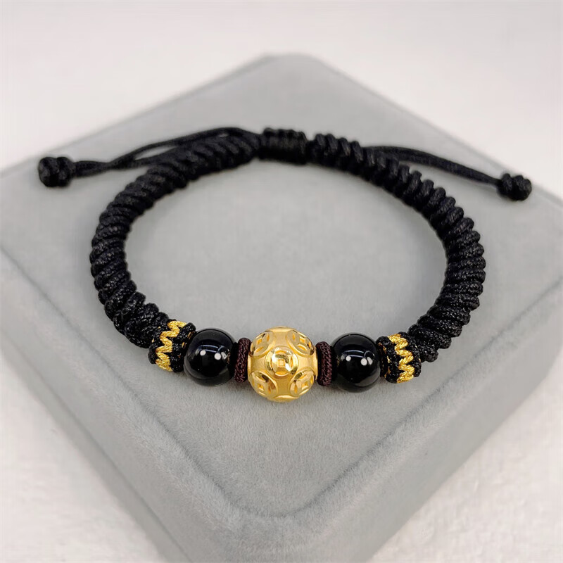 转运珠手链999足金本命年红绳宝宝送男友生日礼物 黑绳铜钱珠黄金手链