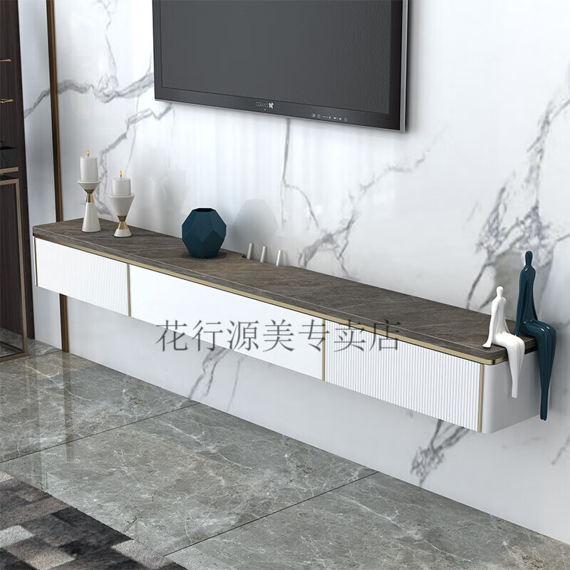 悬挂式墙上小户型岩板纹理吊柜悬空柜子置物架 白色柜体加灰色面板 不