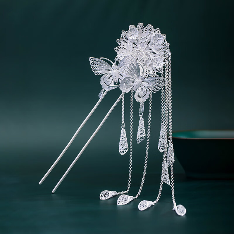 宫廷蝶恋花银簪子999银古风汉服头饰流苏步摇发簪女情人节礼物 蝶恋花