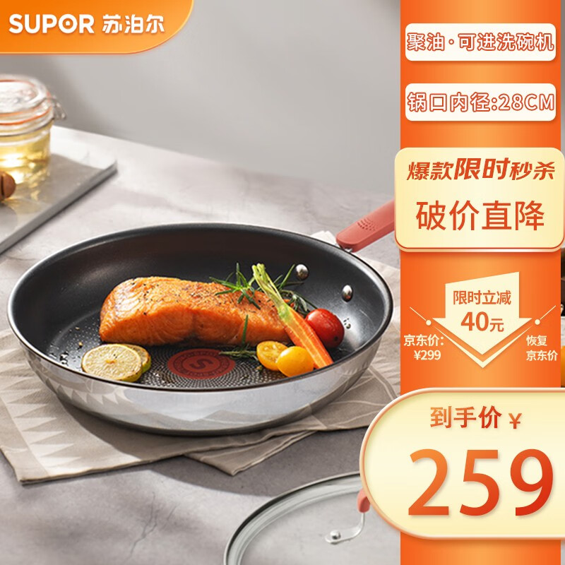 苏泊尔（SUPOR）煎锅火红点聚油不粘锅不锈钢平底锅牛排锅早餐煎盘耐磨可进洗碗机 适合2-4人 EJ28CAS01 直径28cm怎么看?