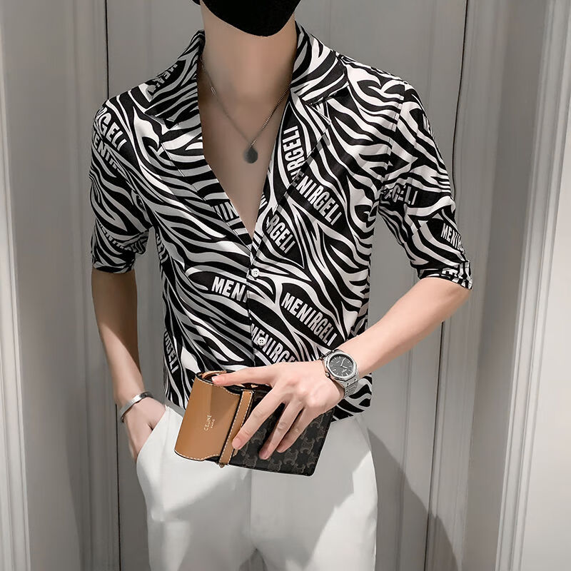 舒晋v领短袖花衬衫男痞帅夏季五分中袖衬衣潮牌发型师斑马纹撞色衬衫