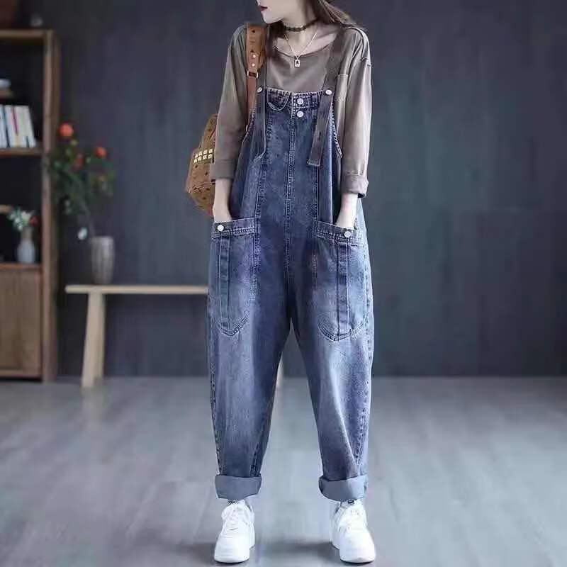 准德春秋剌绣牛仔背带裤女韩版春秋新款牛仔背带裤女大码胖mm韩版宽松