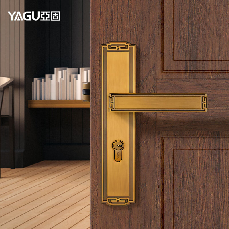 亚固（YAGU）黄古铜新中式门锁室内卧室门锁房门锁门把手木门锁房间门锁静音锁 黄古铜一体锁 右开门室内门锁