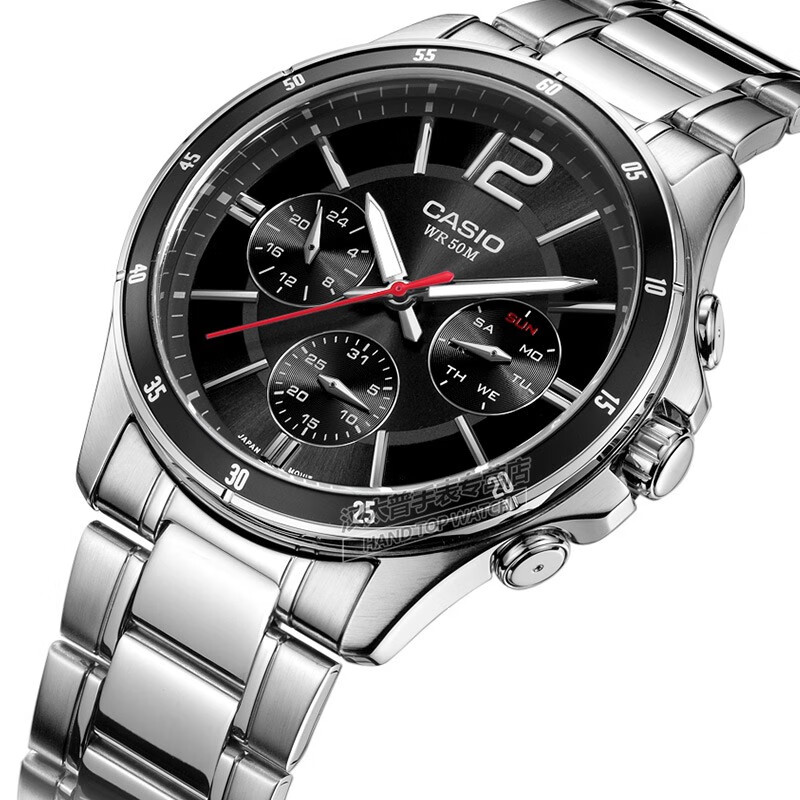 卡西欧(casio)手表 男士运动防水石英腕表 黑盘钢带mtp-1374d-1a