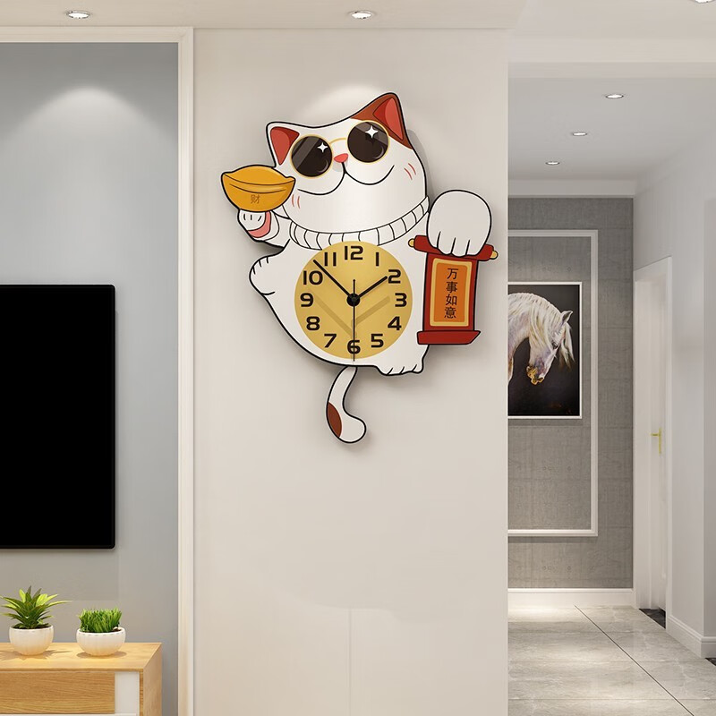 美世达（MEISD） 钟表客厅创意挂钟家用时尚可爱卡通招财猫时钟现代简约石英挂表 大号：40*50.5cm(表盘17cm)