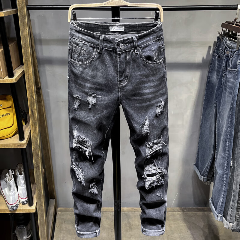款破洞牛仔裤男潮牌修身小脚2024新款男士乞丐九分休闲裤子 ck36黑色