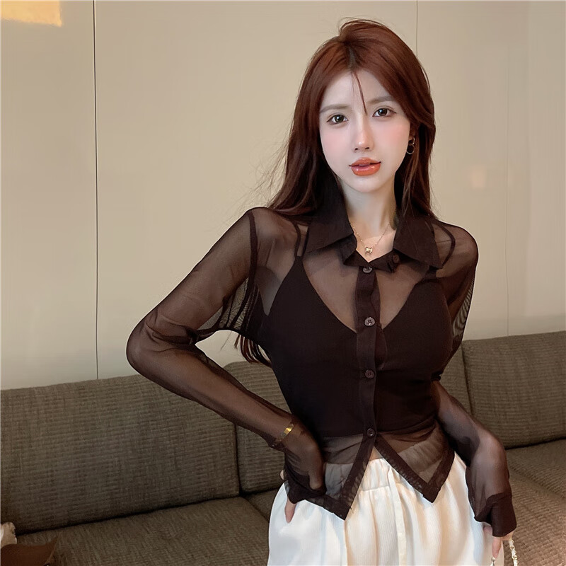 零虹透明长袖衬衫女装开衫外套女士秋季天衬衣辣妹性感网纱上衣 咖色