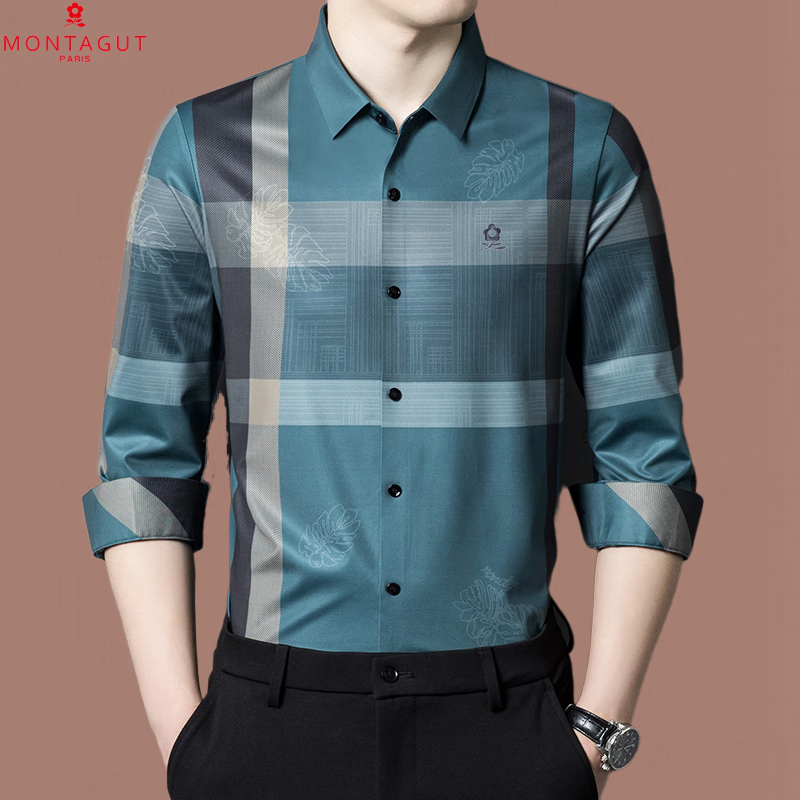 梦特娇(montagut)梦特娇男士长袖格子衫桑蚕丝春秋季男装休闲印花衬衣