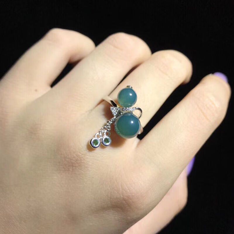 天然墨西哥蓝珀戒指 琥珀蜜蜡双珠小葫芦款女戒福禄银活口 图片色